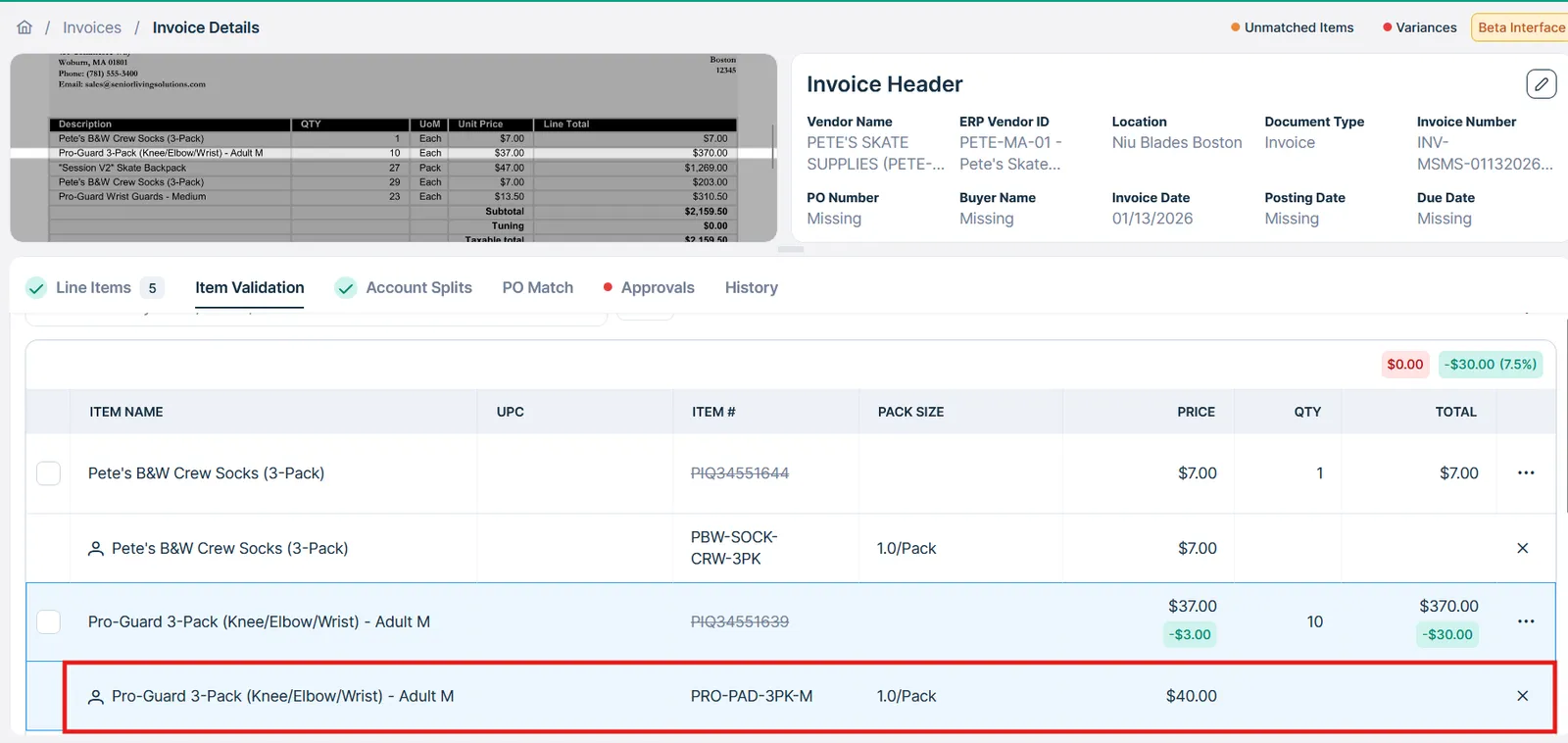 Item-Validation UI on the Ottimate Dashboard